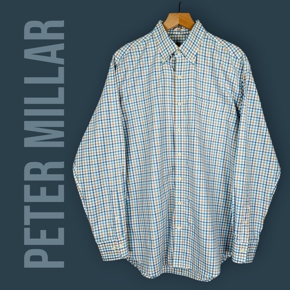 Peter Millar Other - Peter Millar Mens Large Blue Brown Checkered Plaid Long Sleeve Button Down Shirt
